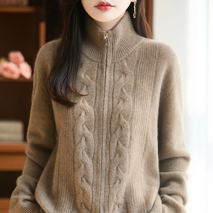 半高领加厚双拉链100%纯羊毛开衫女绞花针织毛衣宽松慵懒羊绒外套