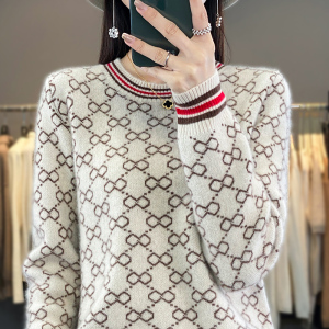 圆领拼色100%纯羊绒衫女秋冬新款加厚羊毛衫针织毛衣宽松打底上衣