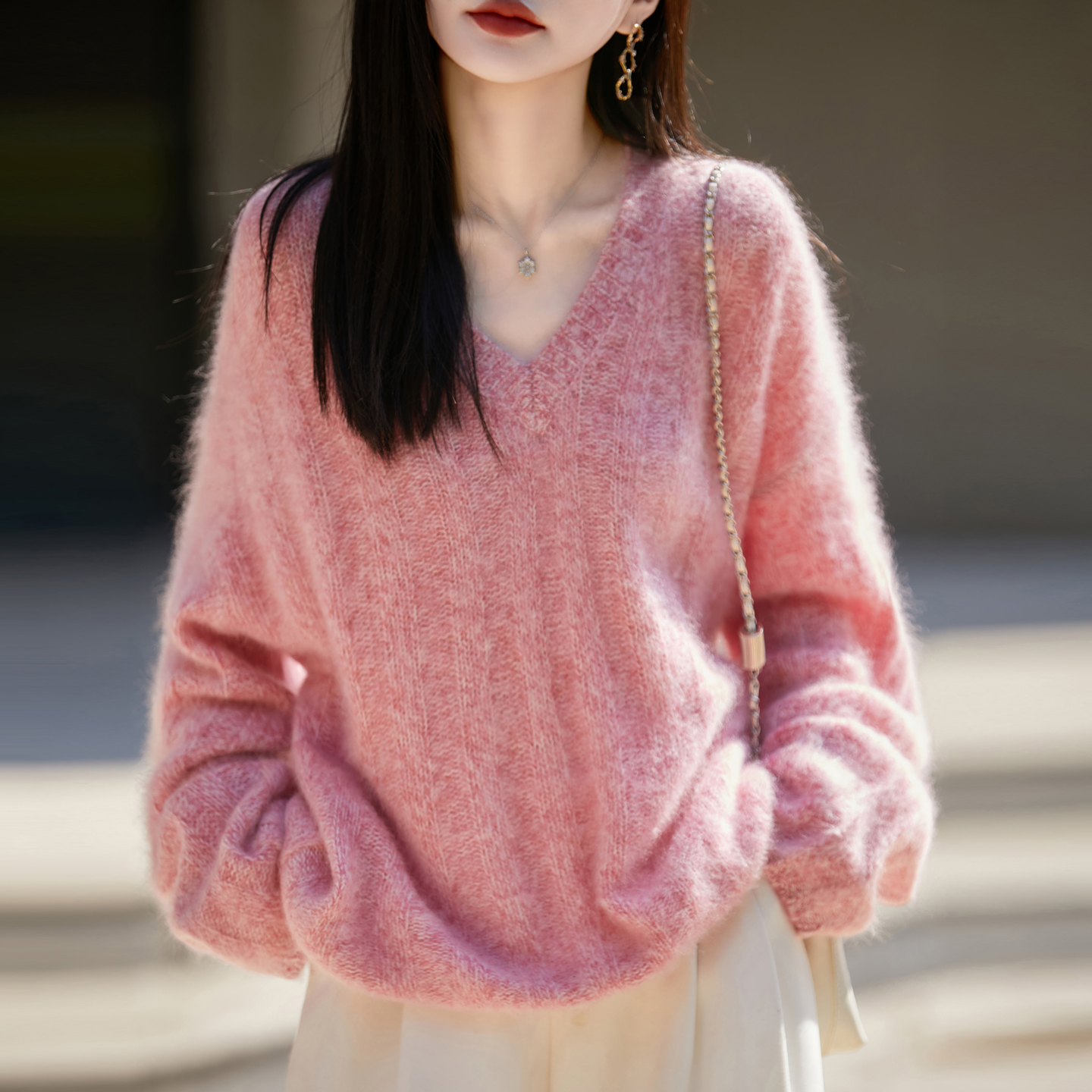 100%羊毛衫V领加厚坑条拉绒毛衣