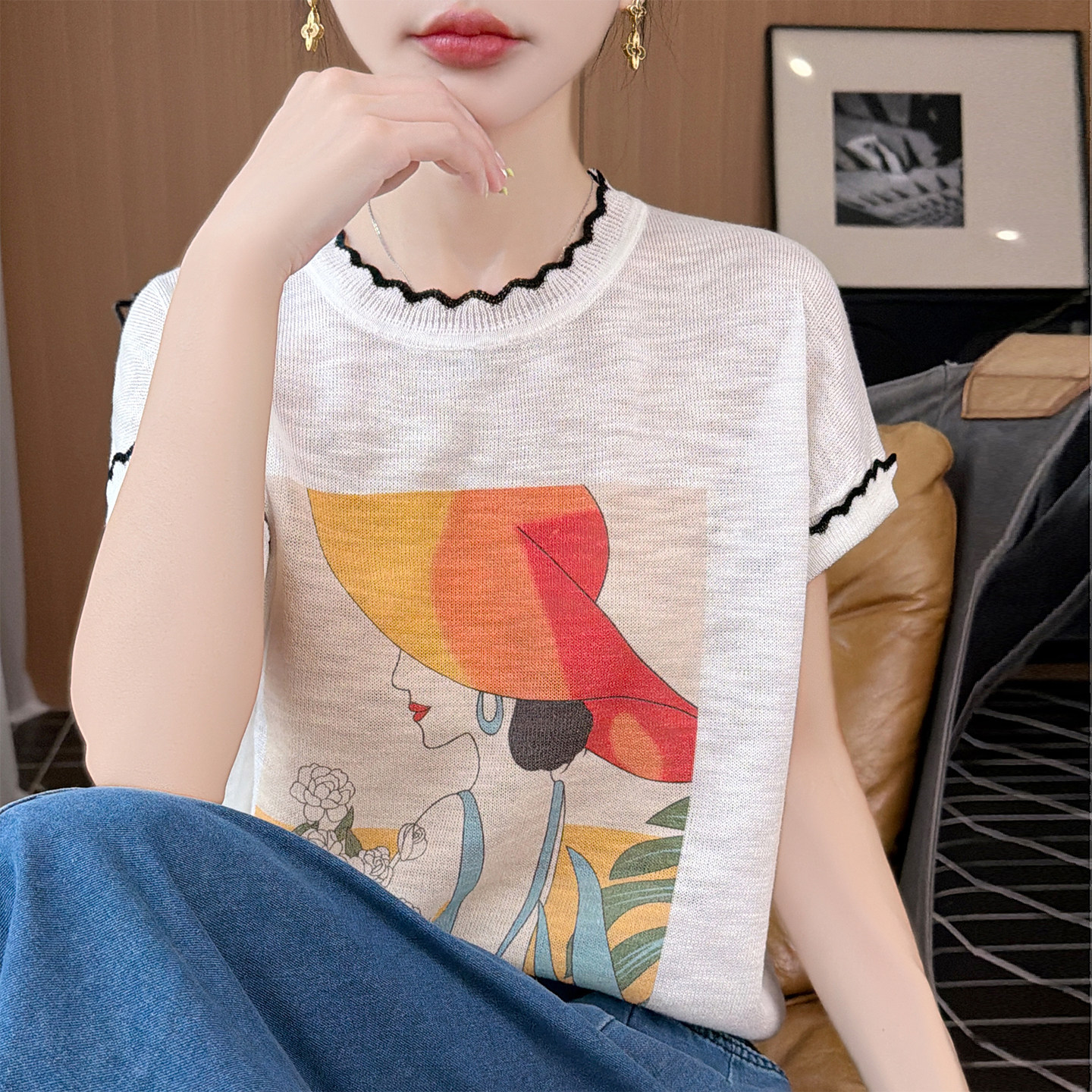 拼色花边竹节麻女童短袖T恤背心