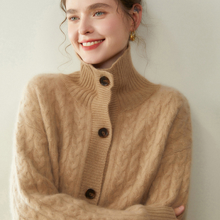 重磅三股加厚山羊绒开衫女高领麻花针织毛衣宽松慵懒风羊绒衫外套