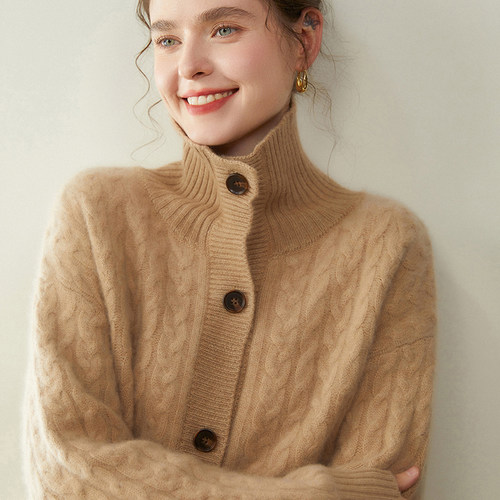 高领加厚山羊绒开衫复古麻花外套