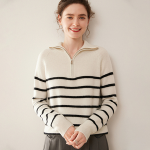 100%纯山羊绒衫女半开拉链条纹加厚针织毛衣宽松羊毛拼色打底上衣