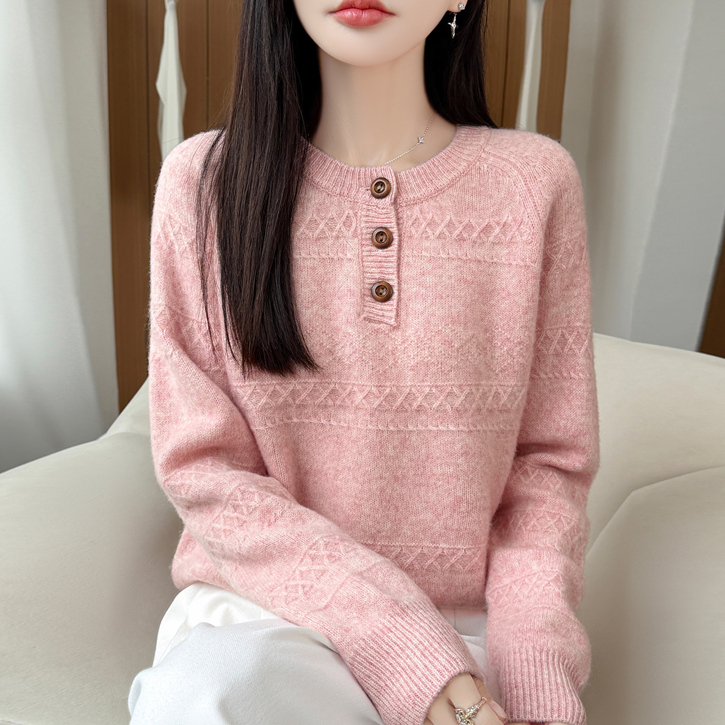 100%纯羊毛衫针织毛衣女圆领提花纽扣长袖羊绒衫宽松打底加厚上衣