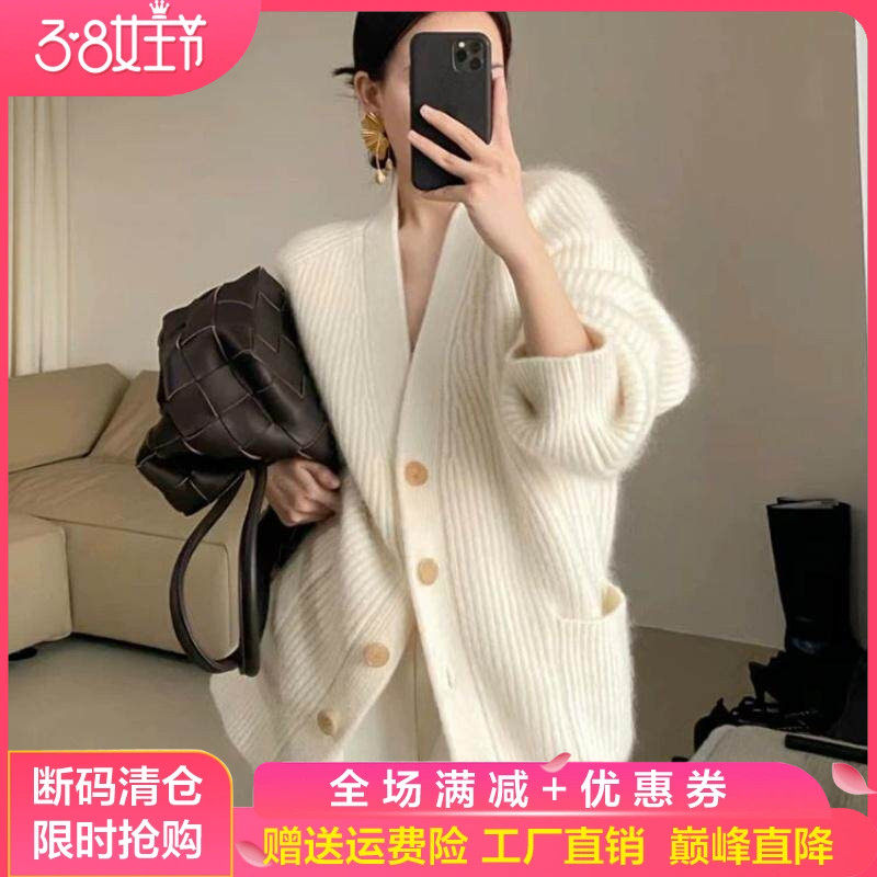 重磅加厚中长款100%纯羊毛开衫女V领带兜针织毛衣宽松羊绒衫外套