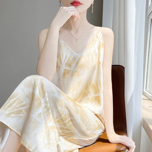 夏季高级缎面真丝V领吊带连衣裙