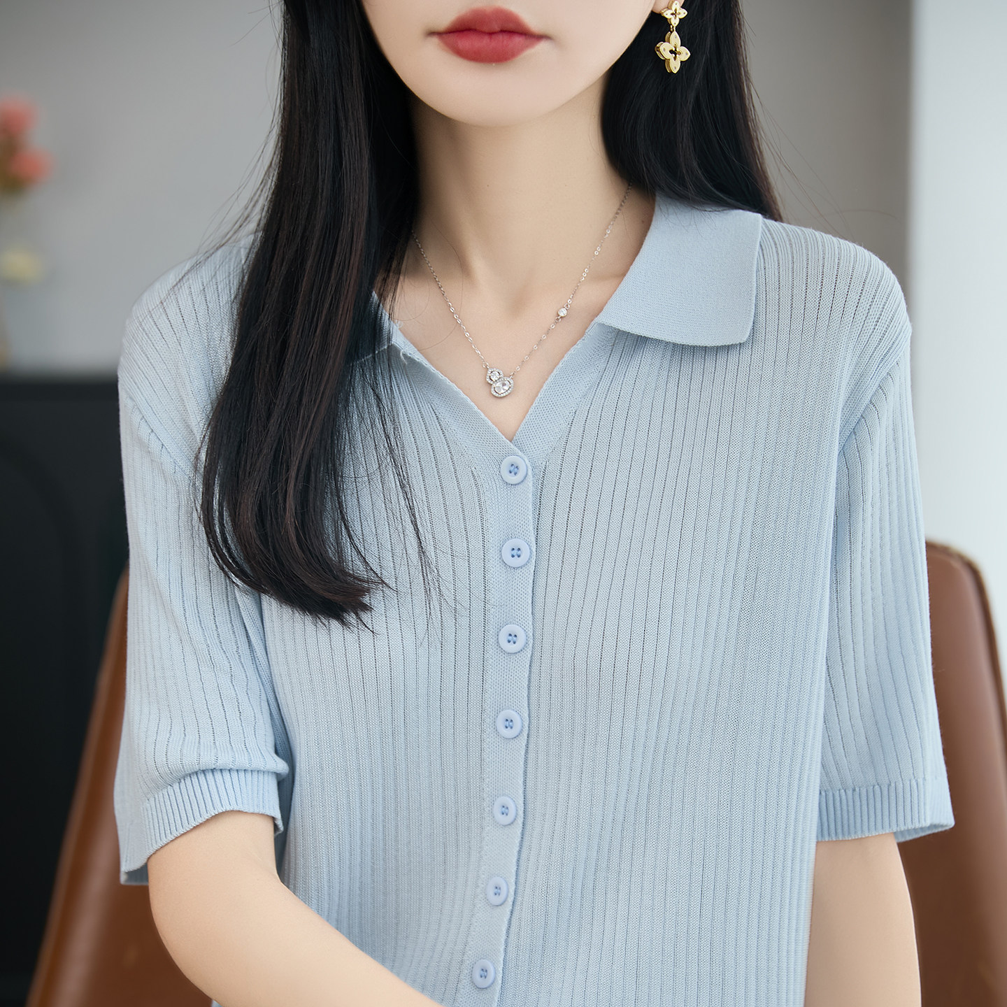 夏季100%莱赛尔天丝针织短袖女POLO领T恤开衫宽松休闲半袖打底衫