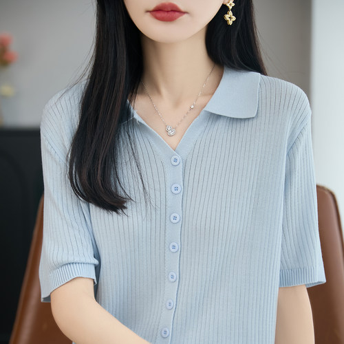 莱赛尔天丝针织女POLO领开衫短袖