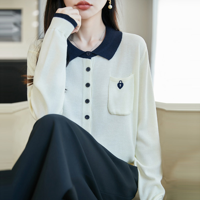 撞色翻领精纺羊毛针织开衫女外套