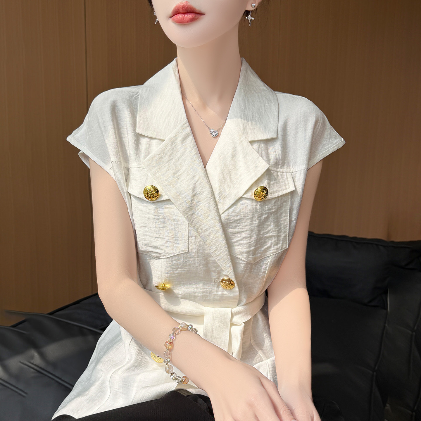 法式高级感棉麻短袖开衫女26夏季西装领腰带衬衫外套T恤带兜背心