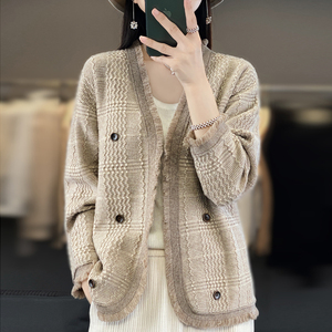 2023秋冬小香风拼色100%纯羊绒开衫女V领流苏羊毛衫宽松外套上衣