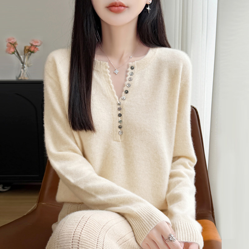 秋冬100%羊毛衫V领纽扣打底毛衣