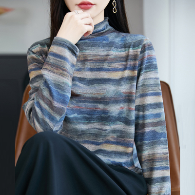 半高领精纺羊毛衫针织衫印花毛衣