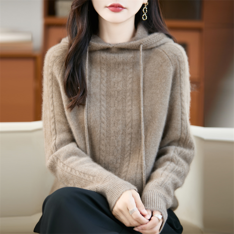 秋冬100%纯羊毛衫针织帽衫打底衫