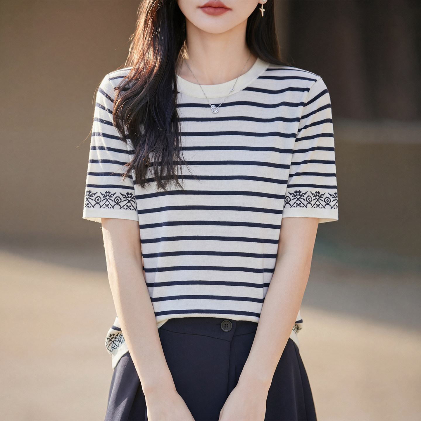 春夏精纺羊毛女条纹拼色针织短袖