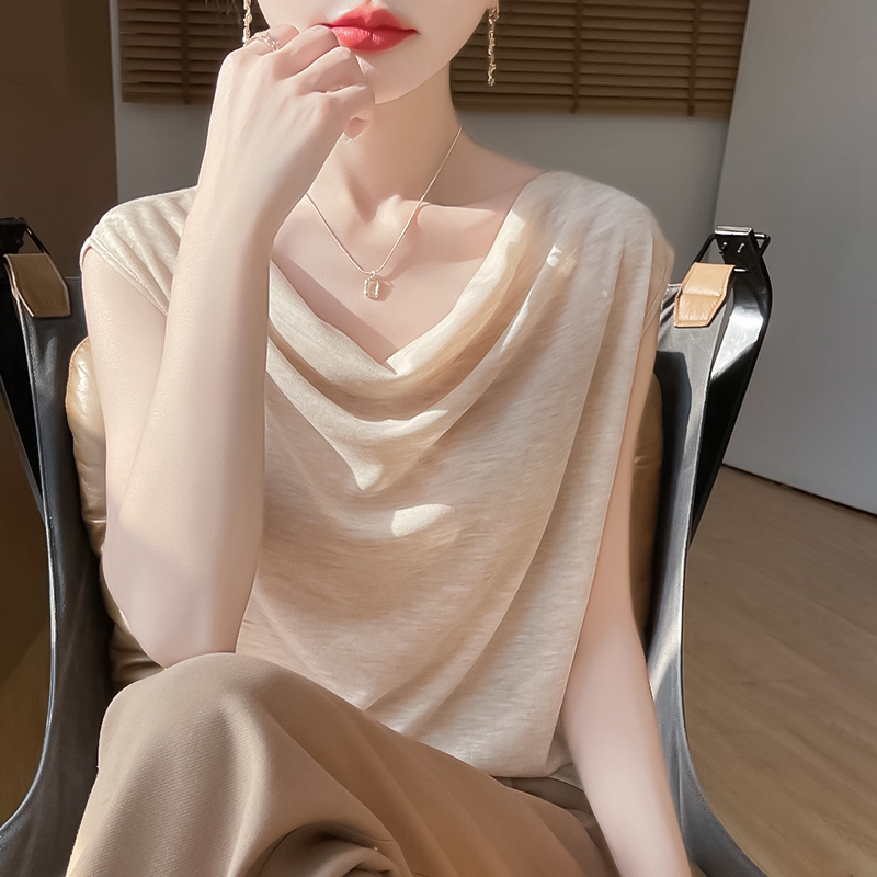 春夏精纺羊毛针织衫短袖T恤女荡领褶皱气质无袖上衣宽松内搭打底