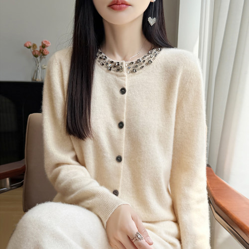秋冬小香风纯羊毛镶钻开衫女外套