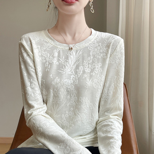 春秋款国风新中式金丝绒提花针织毛衣女圆领长袖宽松内搭打底上衣