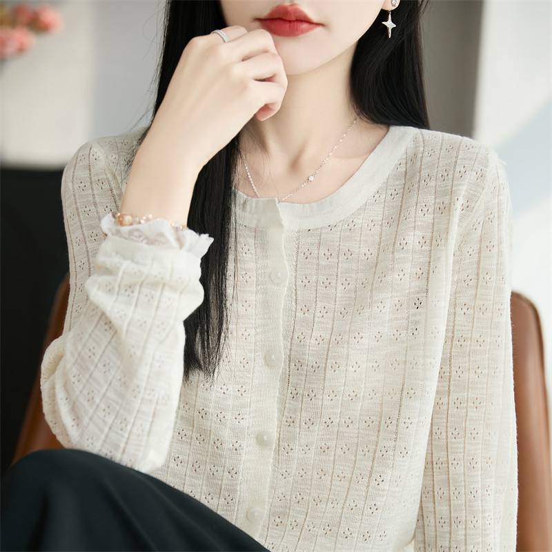 春秋精纺羊毛女镂空蕾丝开衫外套