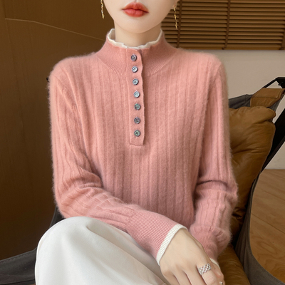 100%纯羊毛衫半高领坑条拼色毛衣