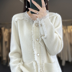 100%纯羊绒开衫女圆领小香风针织衫外搭流苏宽松打底羊毛外套上衣