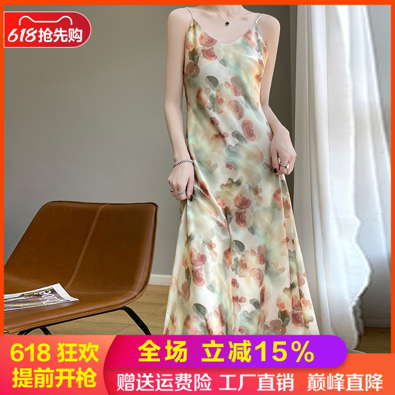 夏季新款V领印花真丝吊带连衣裙