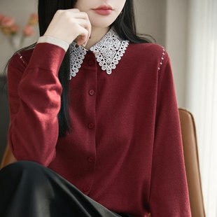 2026秋冬精纺羊毛开衫女POLO领拼色镂空钩花针织毛衣宽松外套上衣