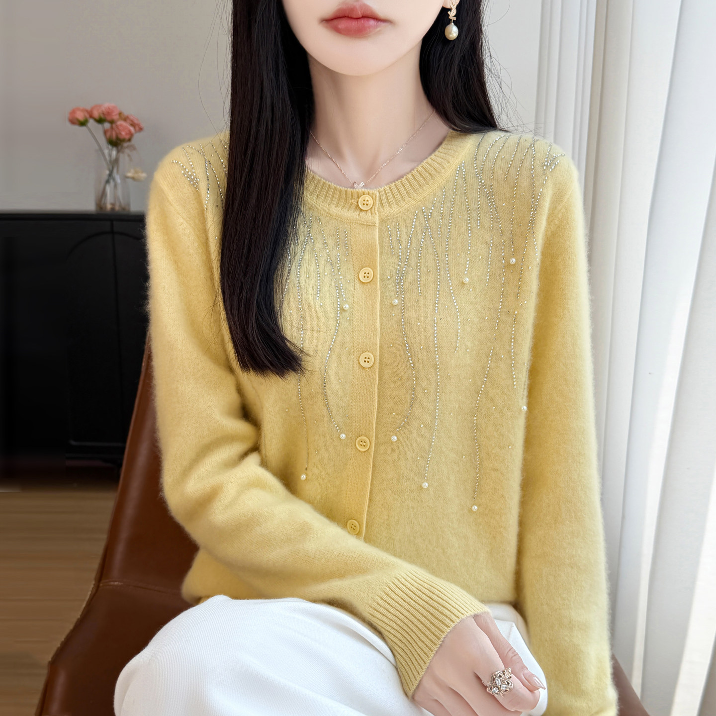 重工镶钻钉珠精纺羊毛开衫女外套