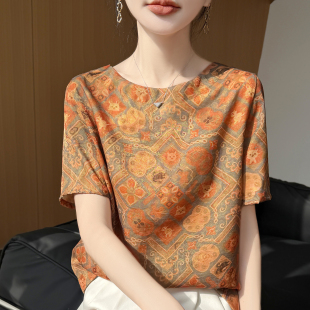 上衣宽松醋酸T恤打底 女圆领缎面真丝半袖 新中式 复古拼色印花短袖