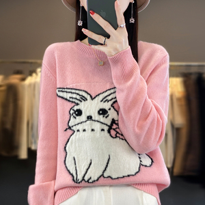 23秋冬款100%纯羊绒衫女圆领卡通兔子提花长袖毛衣宽松羊毛衫打底