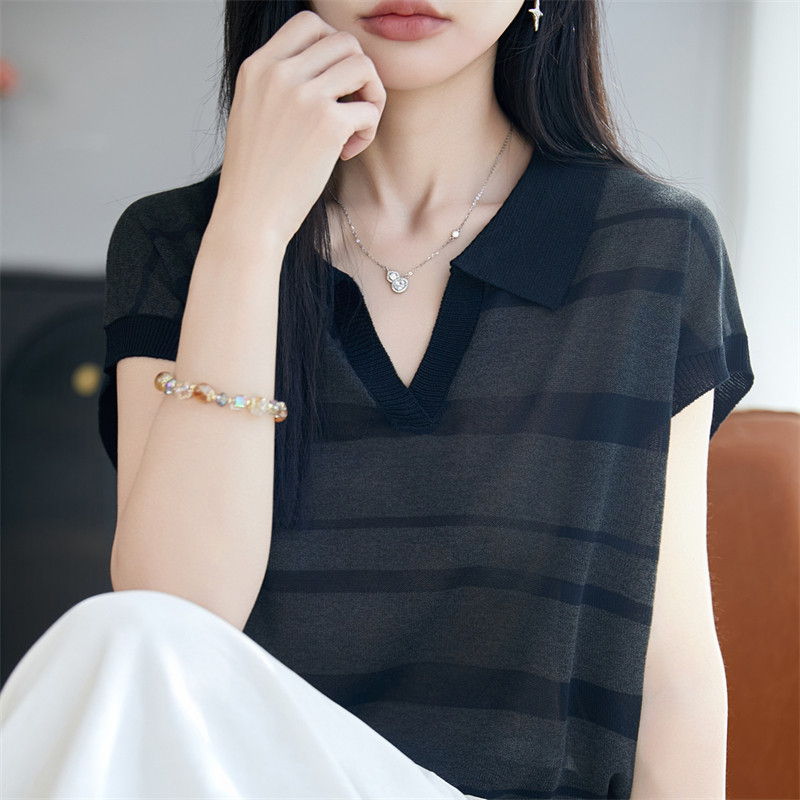 夏季POLO领莱赛尔天丝针织短袖T恤女拼色背心上衣宽松半袖打底衫