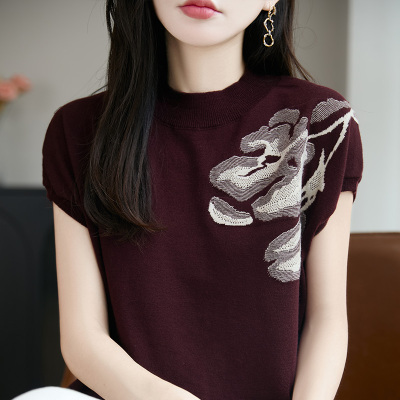 2025春夏半高领精纺羊毛衫针织短袖女拼色印花上衣宽松半袖打底衫