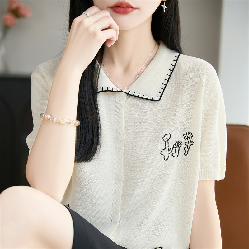 春夏翻领拼色珍珠麻针织短袖开衫女提花刺绣T恤上衣宽松半袖打底