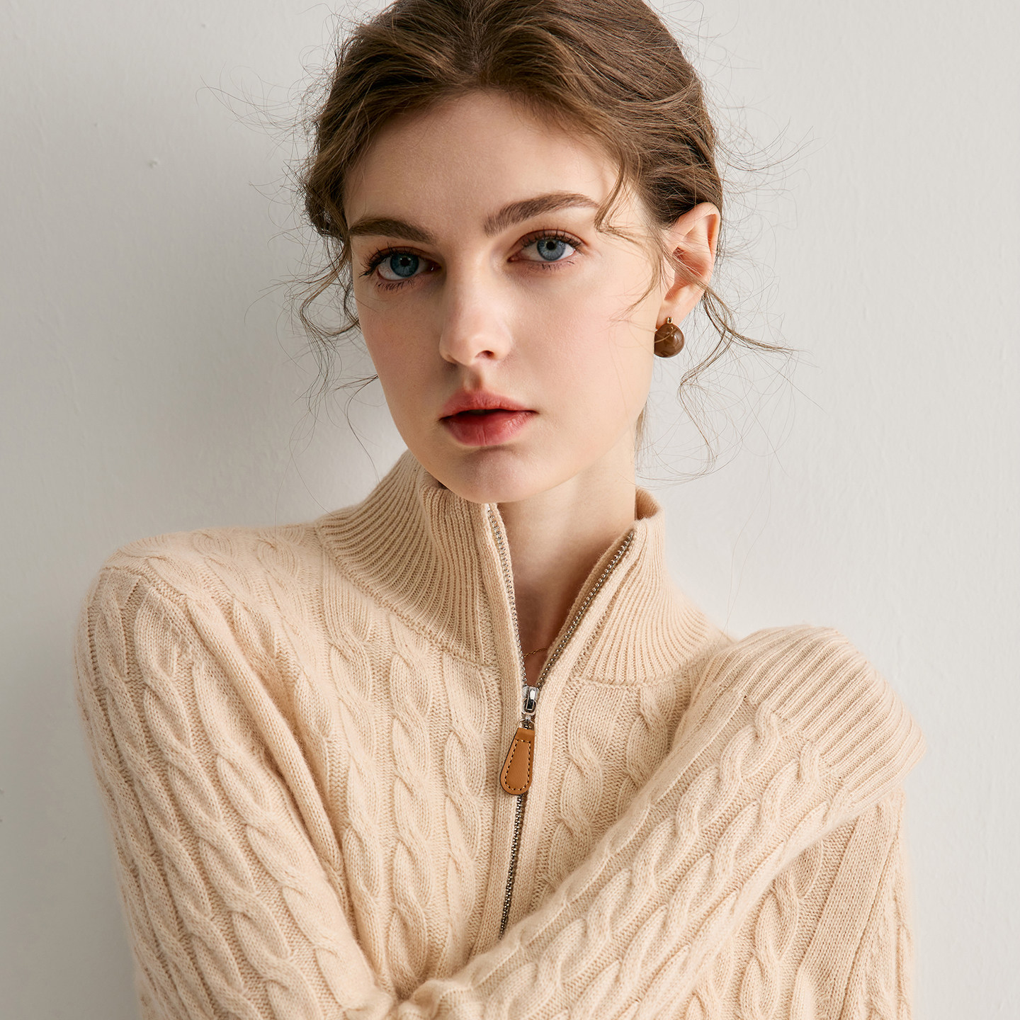 半高领拉链山羊绒衫女25秋冬麻花加厚针织毛衣宽松慵懒羊毛衫打底