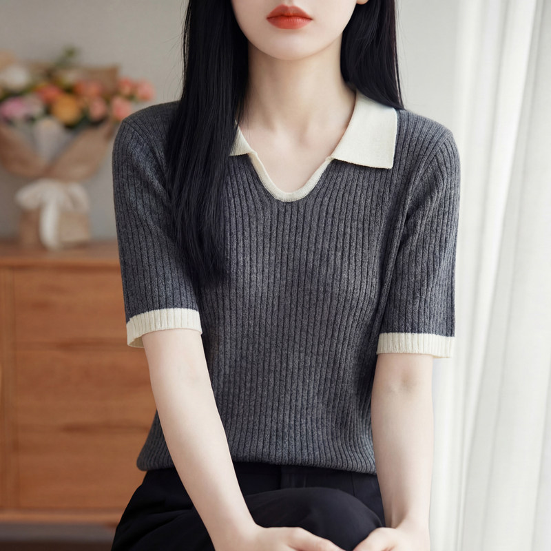 法式高级感精纺羊毛衫针织短袖T恤女POLO领拼色半袖上衣宽松打底