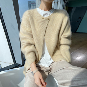 2023秋冬新款圆领100%纯羊绒开衫女宽松慵懒风羊毛衫针织外套毛衣