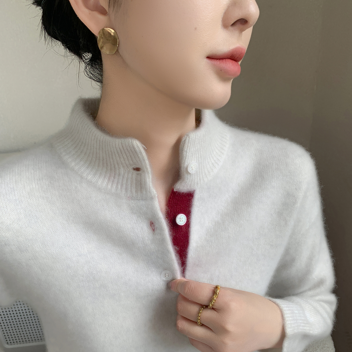 秋冬加厚半高领撞色山羊绒衫女宽松纽扣针织衫毛衣长袖羊毛衫上衣