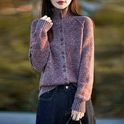 加厚高领精纺羊毛开衫女花纱拼色