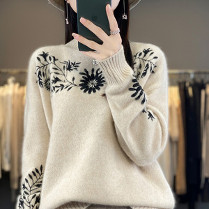 2023秋冬新款圆领100%纯羊绒衫女重磅刺绣拼色毛衣宽松羊毛衫打底
