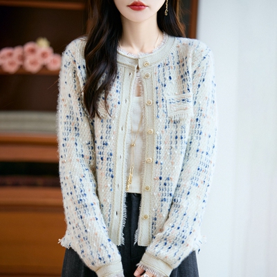 小香风拼色100%纯羊毛开衫女外套