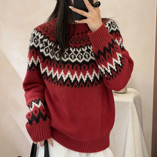 复古红色费尔岛风100%纯羊毛衫女圆领加厚针织毛衣宽松打底羊绒衫