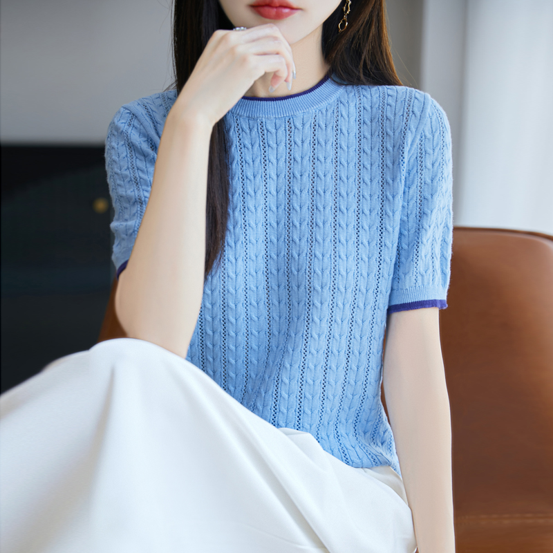 100%纯棉针织短袖T恤女圆领镂空拼色钩花休闲上衣宽松半袖打底衫