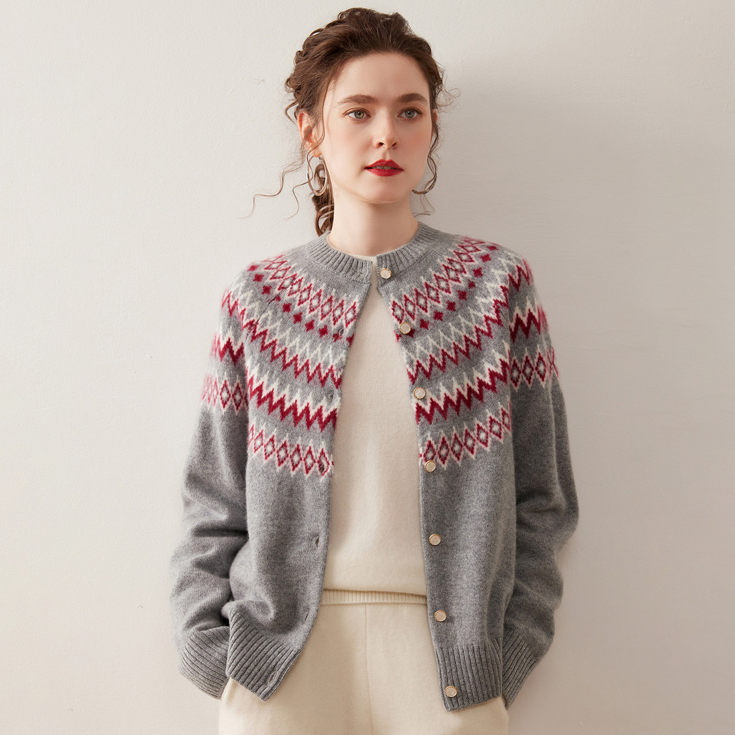 复古费尔岛风菱形提花山羊绒开衫女圆领拼色针织毛衣宽松羊毛外套,女装/女士精品,羊绒衫,淘宝优惠券,粉丝福利购,淘宝优惠卷