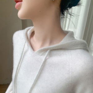 软糯风连帽山羊绒衫针织毛衣女纯色抽绳长袖帽衫宽松慵懒羊毛卫衣