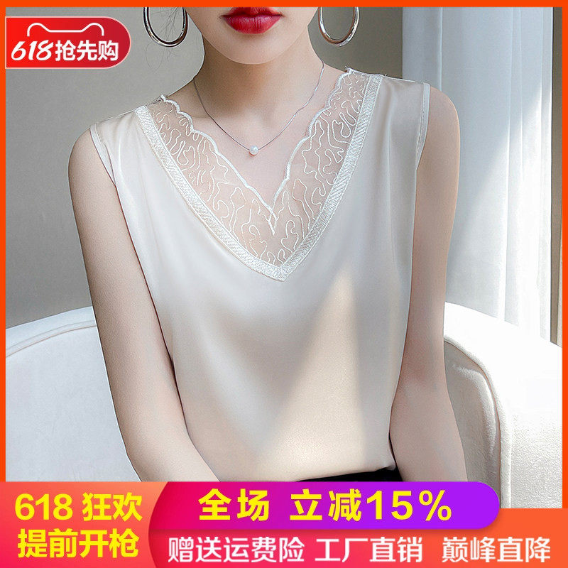 夏季新款真丝吊带女蕾丝花边背心