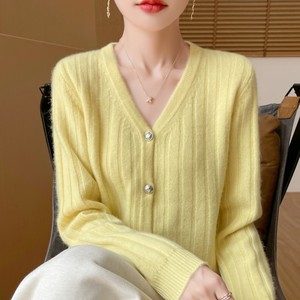 秋冬100%纯羊绒开衫女V领坑条珍珠扣毛衣外套宽松羊毛衫外搭上衣