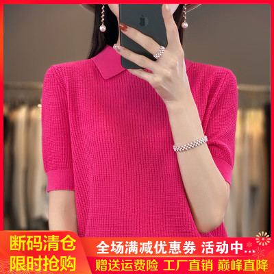 夏季新款polo领镂空针织短袖T恤