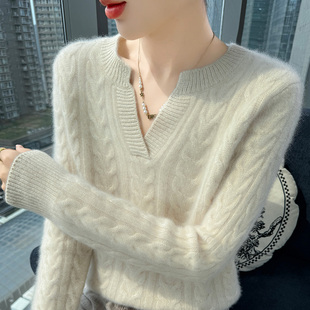软糯风半开V领山羊绒衫 毛衣宽松羊毛打底上衣 女加厚扭花针织长袖