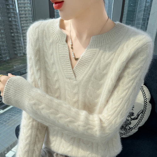 软糯风半开V领山羊绒衫针织毛衣