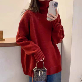 韩版宽松慵懒风高领加厚100%纯羊毛衫女长袖针织毛衣打底羊绒上衣